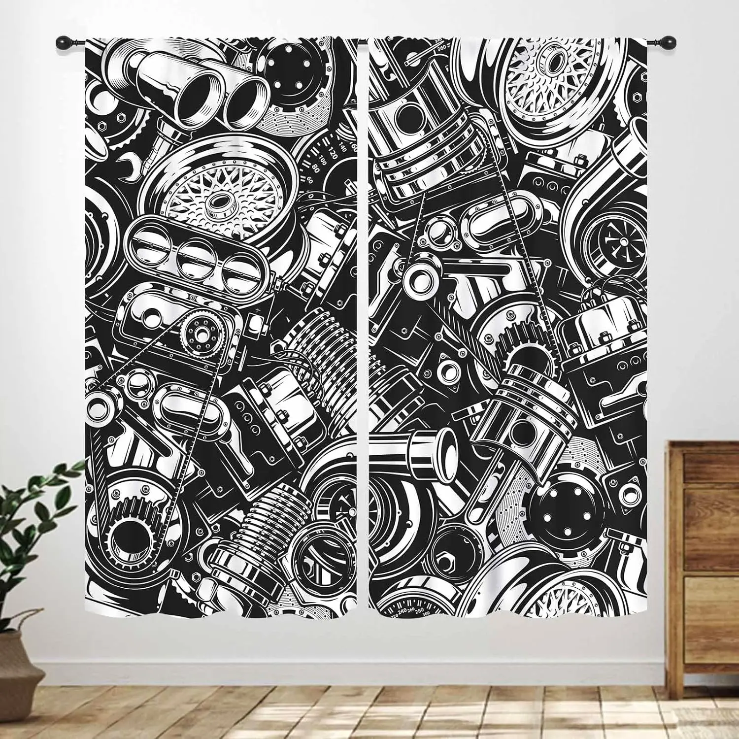 Man Cave Curtains,Retro Automobile Car Parts Engine Black White Vintage Drapes Treatments for Boys Men Teen Bedroom Living Room