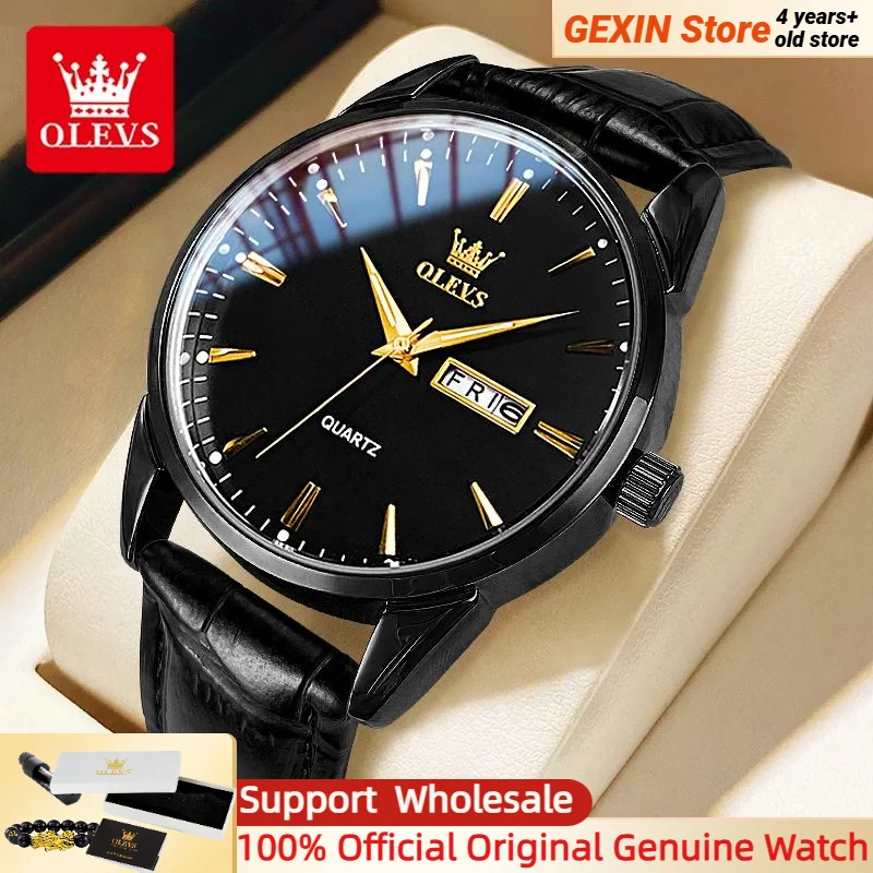 

OLEVS 6898 Мужские часы с кожаным ремешком, водонепроницаемые часы с двойным календарем, оригинальные брендовые часы