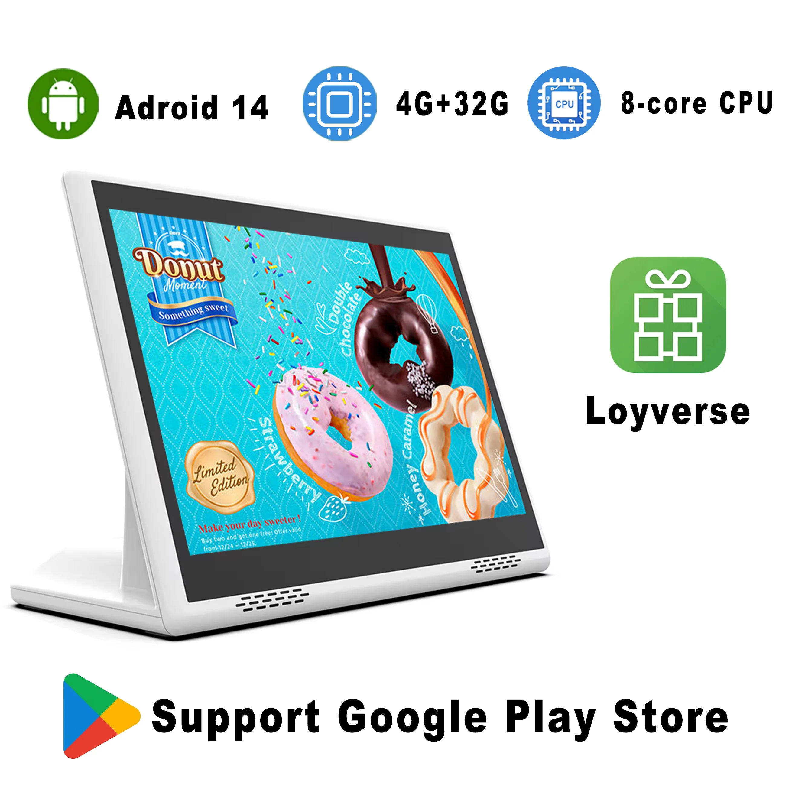 

L Shape 10.1 Inch Android 14 Desktop POS, Touch Screen Loyverse Tablet, Restaurant Menu Terminal Customer Display with 2 Speaker