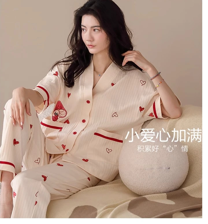 2025 Girl Summer Cotton Sweet Heart Shape Print V-neck Short Sleeve Cardigan Pajamas Set New Pants Loose Thin Simple Loungewear