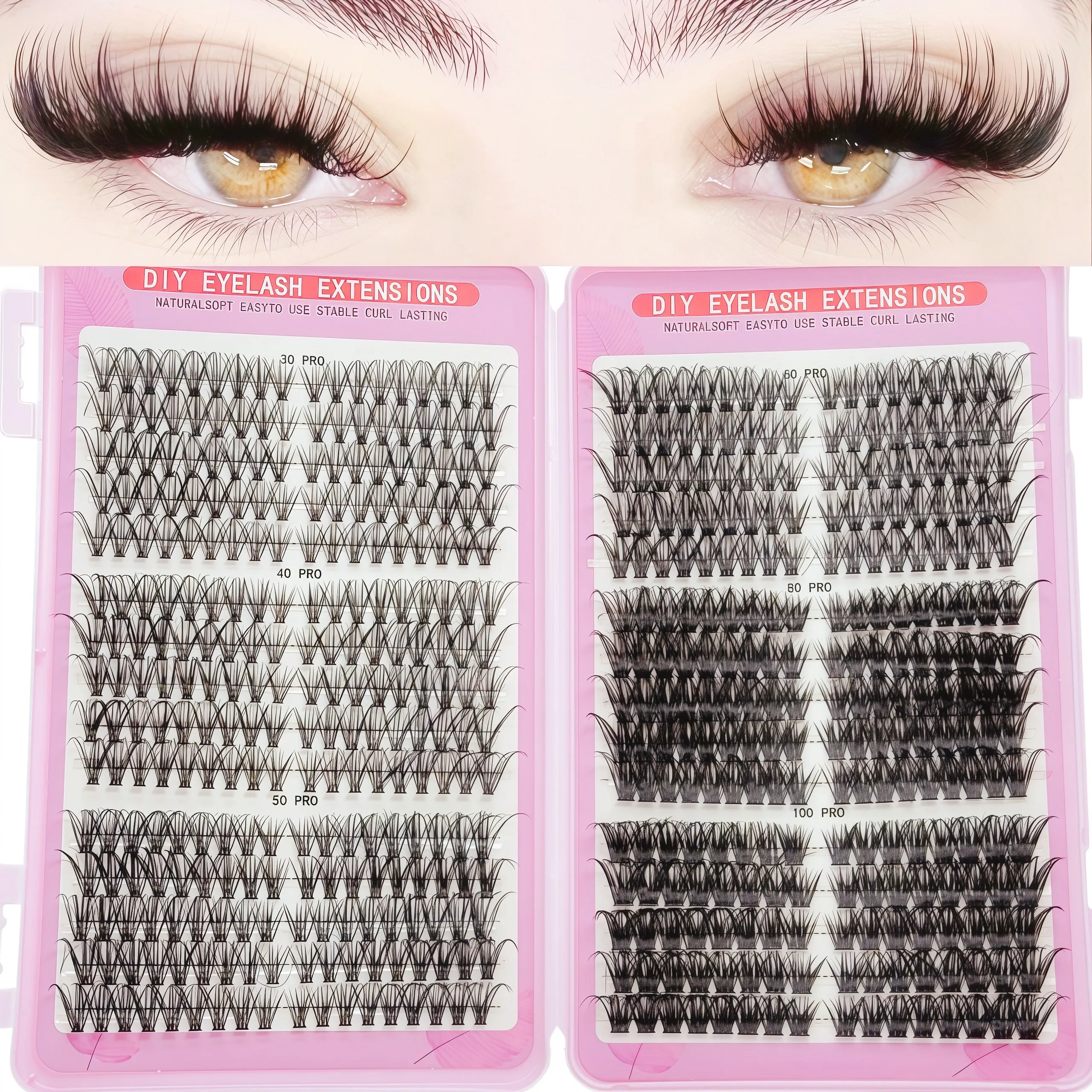 DIY-Wimpern-Set, große Kapazität, gemischte Sorten, einzelne Wimpernbüschel, natürlich, auffällig, wirr, flauschig, gewellt.