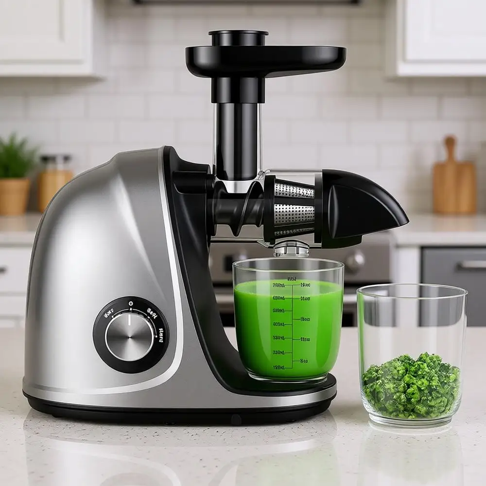 

Соковыжималка шнекового типа с функцией обратного вращения, для мягких и твердых продуктов, легко моется, с тихим мотором, для фруктов и овощей, выход сока 90%, холодный отжим.