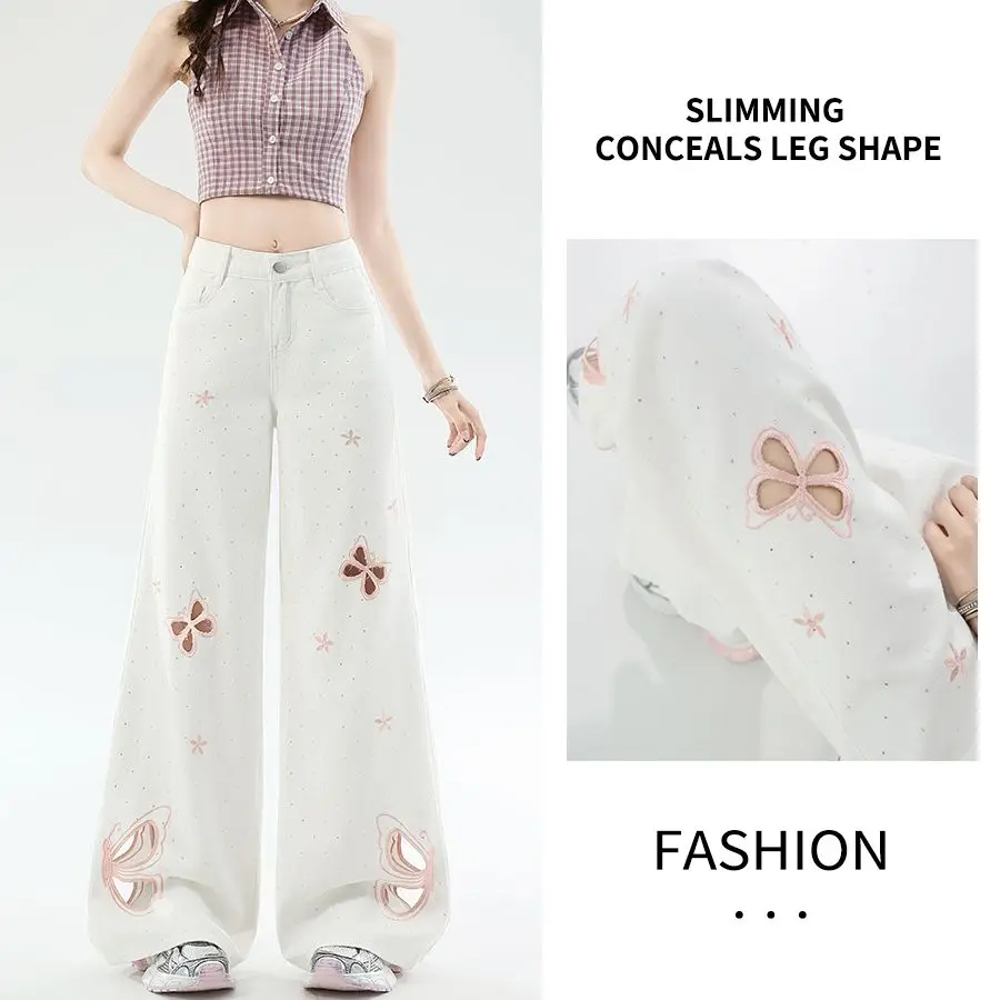 FINEWORDS Women White Butterfly Embroidery Wide Leg Jeans High Waist Baggy Denim Pants Loose Straight Streetwear Trousers