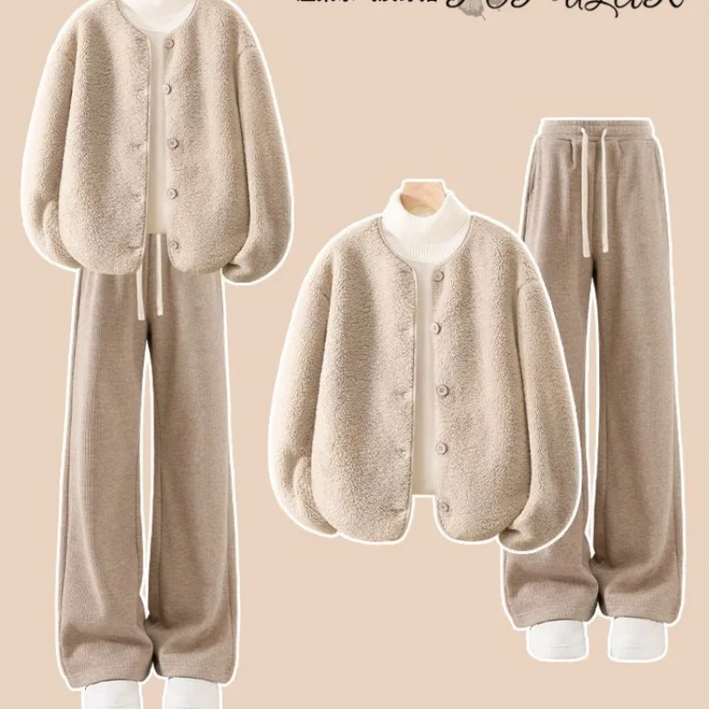 Girls Winter Casual 2 Piece Set 2026 Simple Coat with Wide Leg Pants Kids Warm Fashion Outfit New Clothing