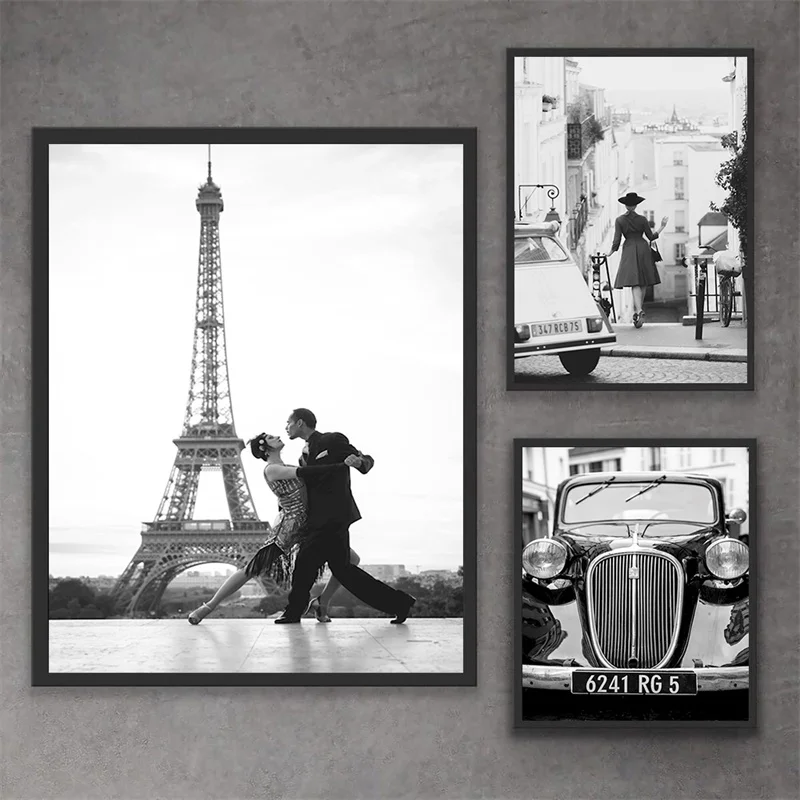 1pc frameless Black and White Photography Photos Canvas Print Picture Black Balloons Fashion Woman Tour Eiffel Vintage Car Poste