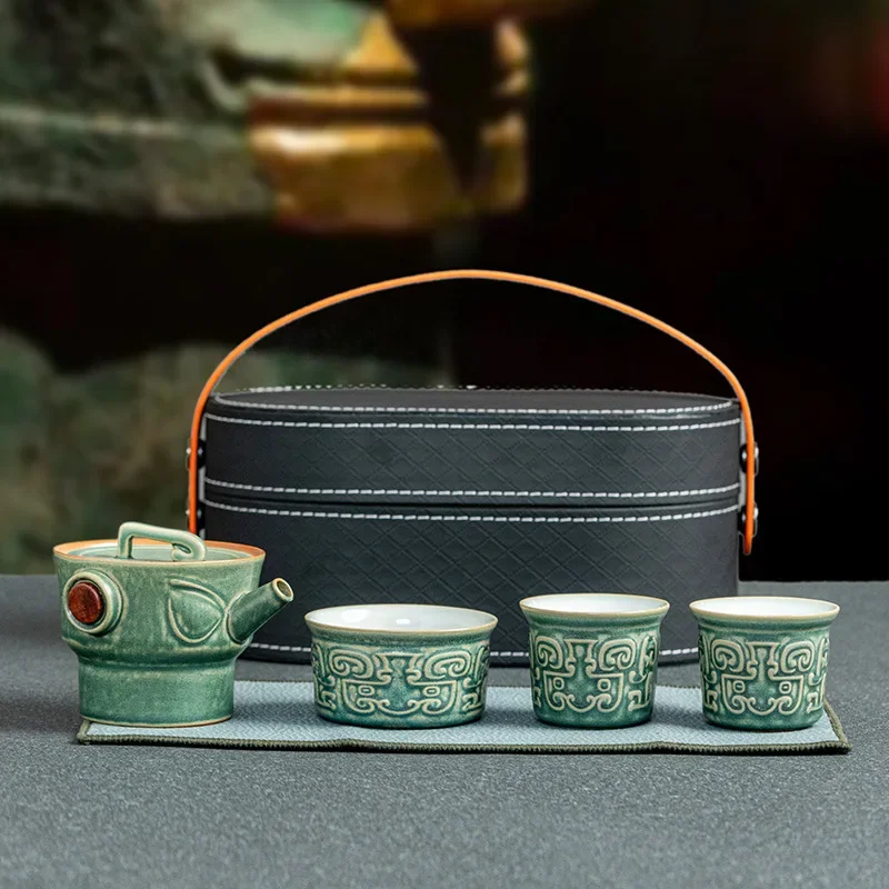 Chinese Sanxingdui Quick Cup, One Pot and Three Cups, Retro Portable Outdoor Tea Drinking Equipment, Travel Tea Set Tool Gift