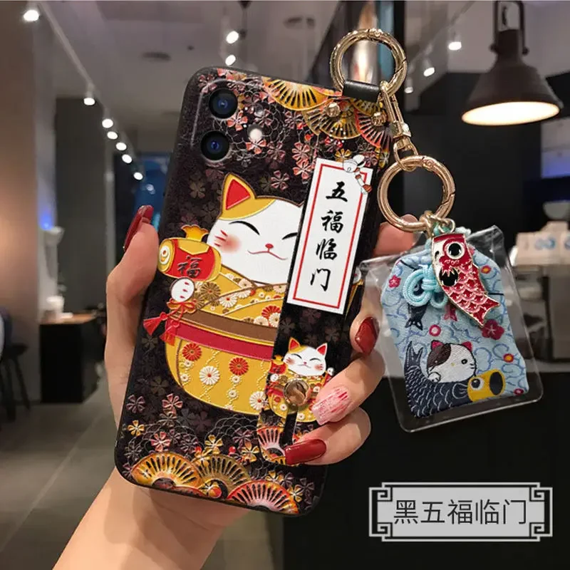 Luxury Embossed Lucky Cat Protection Case for iPhone 11 12 13 ProMax Mini XR XS Wristband Bracket Hanging Decoration Back Cover image 5