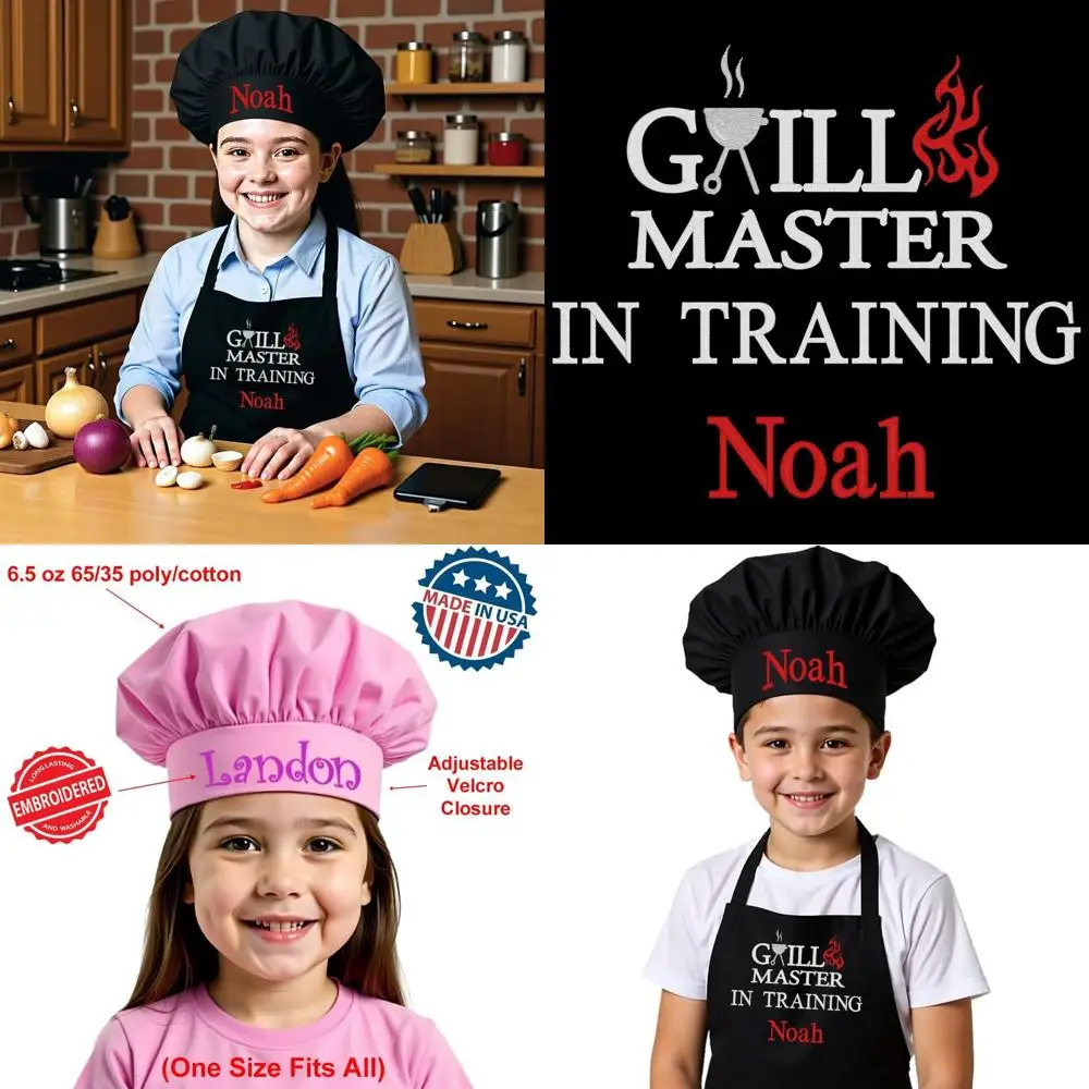 

Custom Embroidered Premium Child Apron & Chef Hat for Kitchen Fun - Grill Master Training, Long with Hat