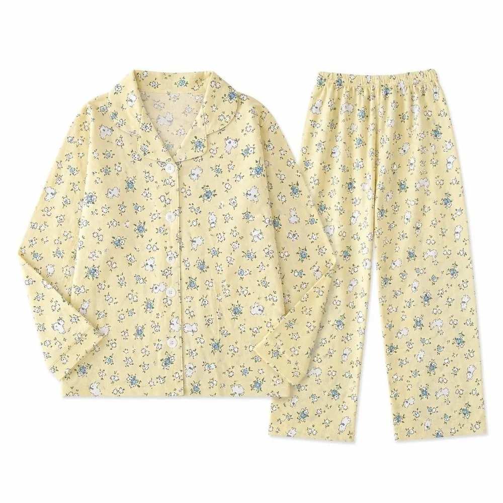Loungewear Long Sleeve Women's Pajamas Set Floral Cherry Long Sleepwear Set Autumn Dog Rabbit 2 Pieces Pajamas Set Women