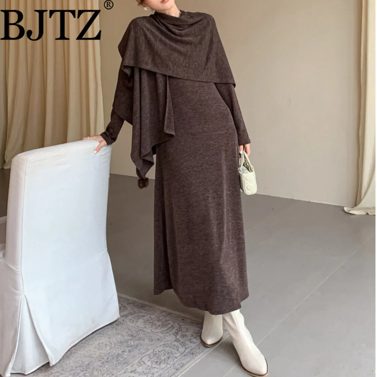 BJTZ Abito lavorato a maglia vintage da donna con pom pom design collo a scialle figura dimagrante lusinghiero manica lunga moda autunno inverno