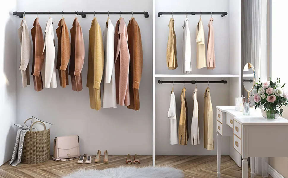 Wall Mounted Industrial Pipe Clothes Rack Bedroom Hanging Garment Rail Rack Space Saving Shelf