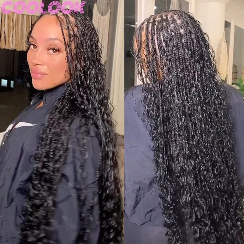 Synthetic Box Braided Full Lace Wig 32inch Bohemia Lace Frontal Braids Wig with Curly Ends Deep Wave Braid Wig for African Women