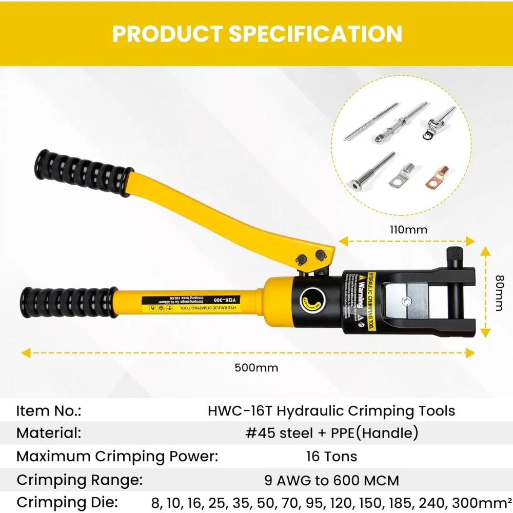 Pince à sertir hydraulique robuste avec 13 paires de matrices pour câbles 9AWG à 600MCM, alimentation 16 tonnes