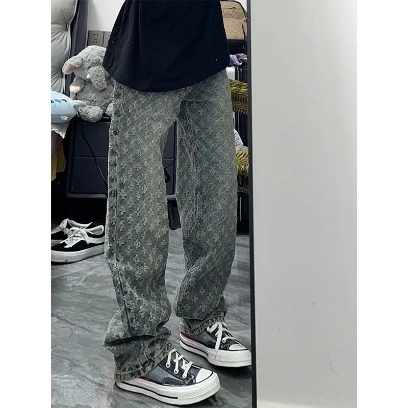 

Синие джинсы с вышивкой, мужские, в американском стиле, модный дизайн, прямой крой, брюки в стиле High Street, средняя/высокая талия, прямой силуэт