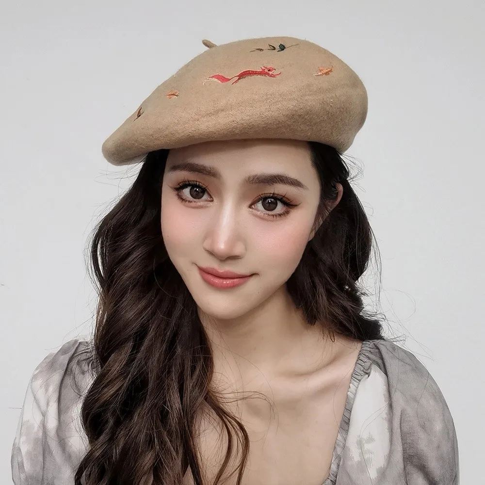 COKK Handmade Embroidery Rabbit Squirrel 100% Wool Beret Womens Hats Painter Cap Lady Autumn Winter Baret Cap Hat Female Design