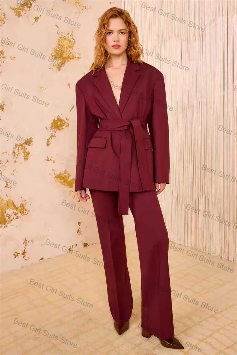

Burgundy Women Suit Set 2 Pcs Belted Blazer Pants Fall Autumn Formal Office Lady Jacket Customized Wedding Prom Dress Trousers