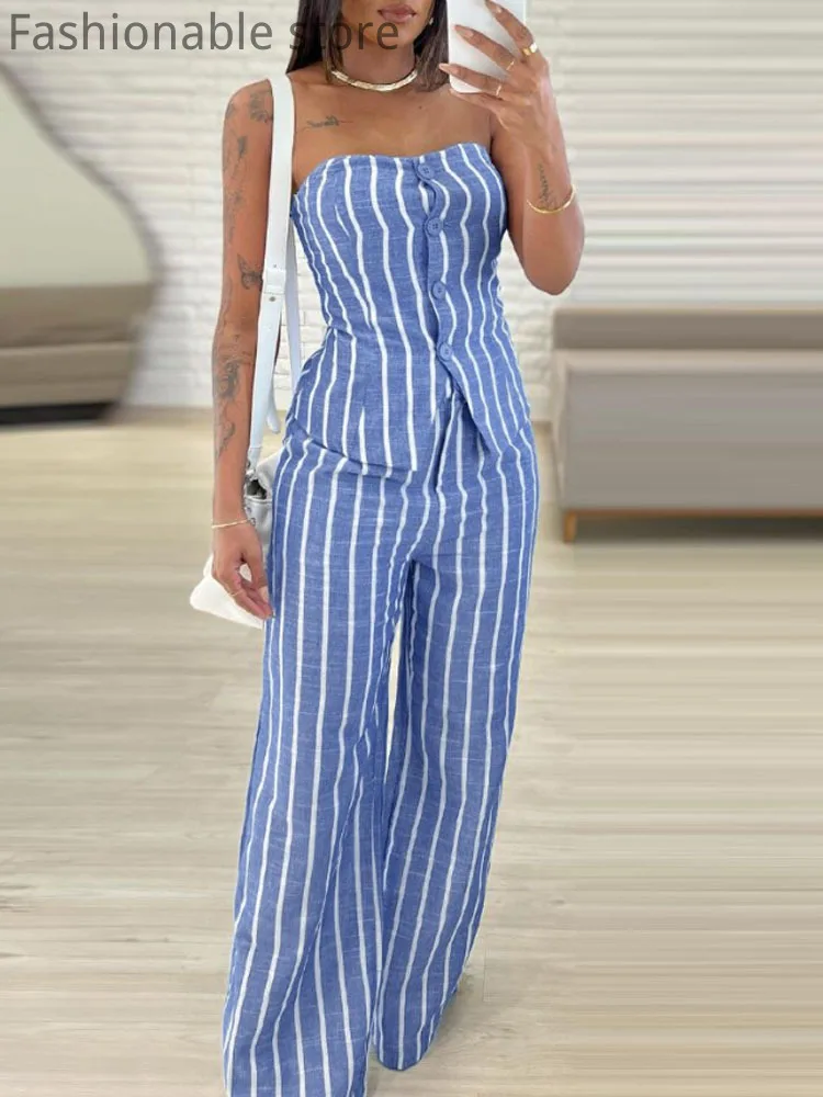 

Women's 2 Pcs Striped Print Bandeau Button Front Top and Casual Wide Leg Pants Set