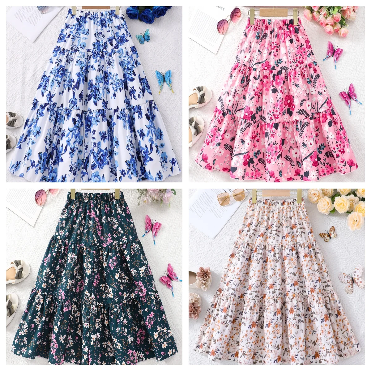 Women's and Children's A-Line Skirt in Country Style with Fashionable Flower Print Casual Midi Skirt Suitable for Daily Wear,