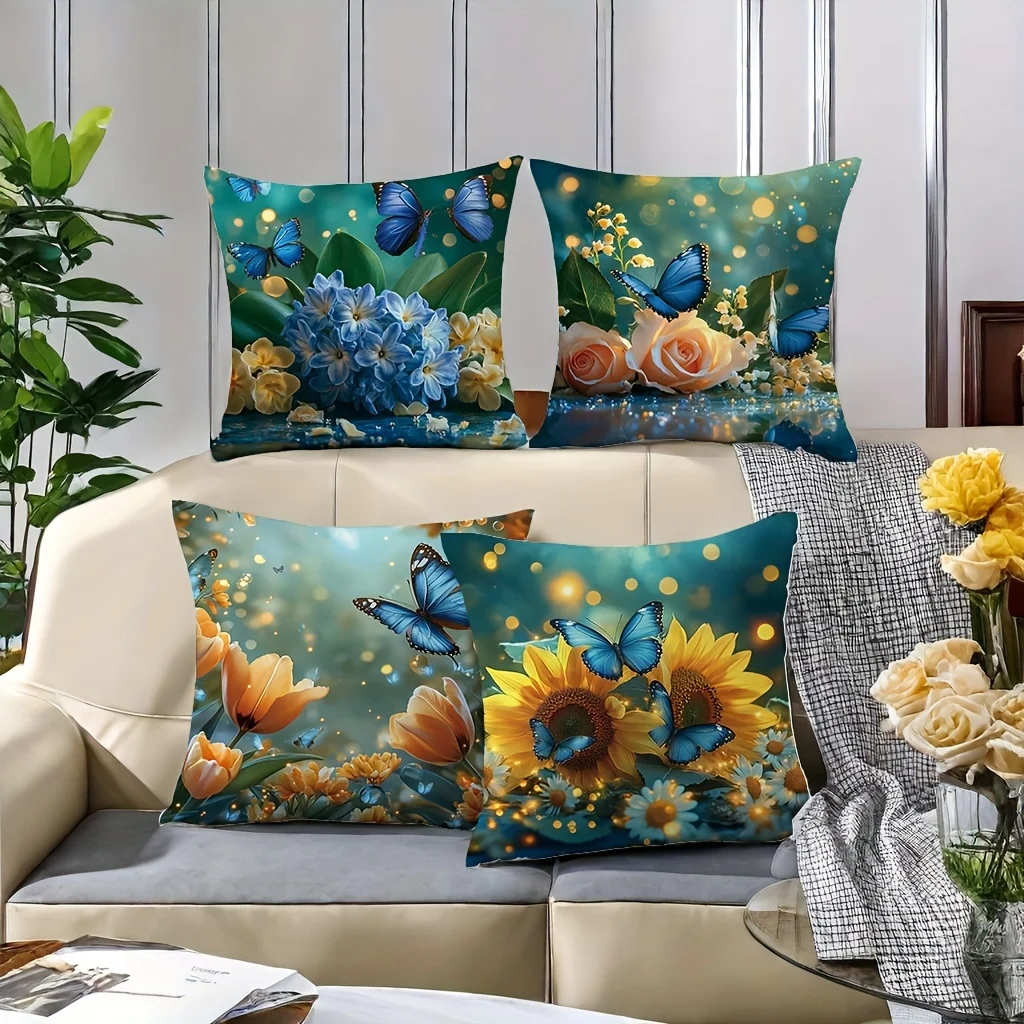 Beautiful Floral Butterfly Pillowcase 4pcs Cushion Cover Set Spring Decor Garden Print 40x40cm Romantic Home Accent Throw Pillow