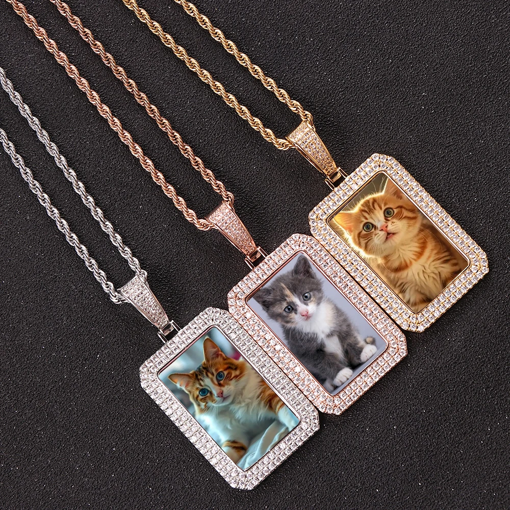 Medalla de foto DIY creativa de Hip Hop, colgante de circonita CZ, medallón de memoria, collar con imagen cuadrada de 2 filas, regalo para pareja