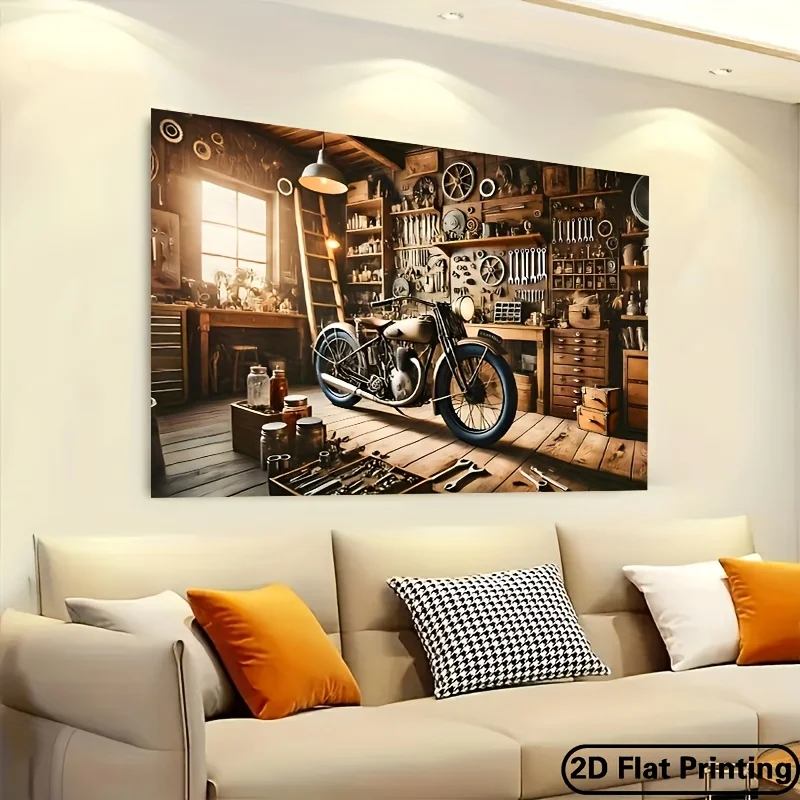 Motorcycle Garage Tapestry Vintage Workshop Scene Wall Art Retro Style Decor Man Cave Bar Room Background Cloth for Men Gifts