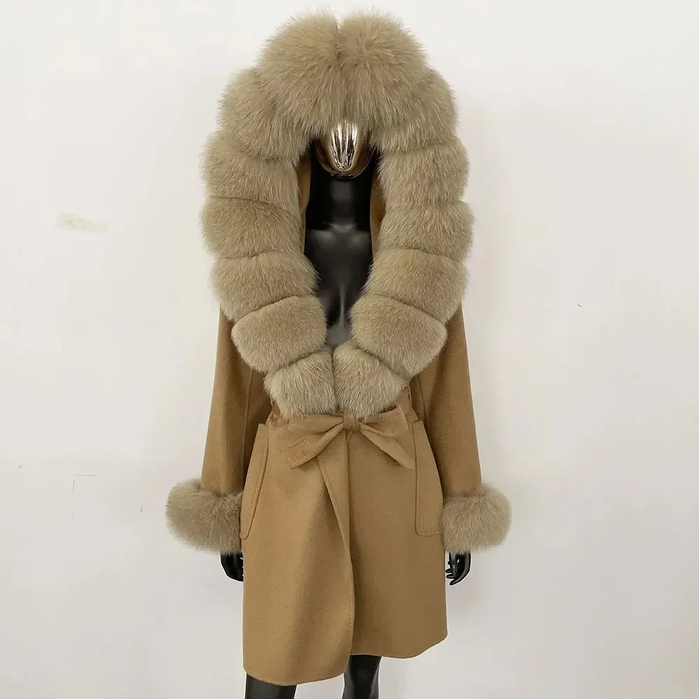 Women Real Fox Fur Coat Female Long Hooded Cashmere Jacket Warm Natural Fur Woolen Jacket Lady Wool Coat 2024 New Autumn Winter