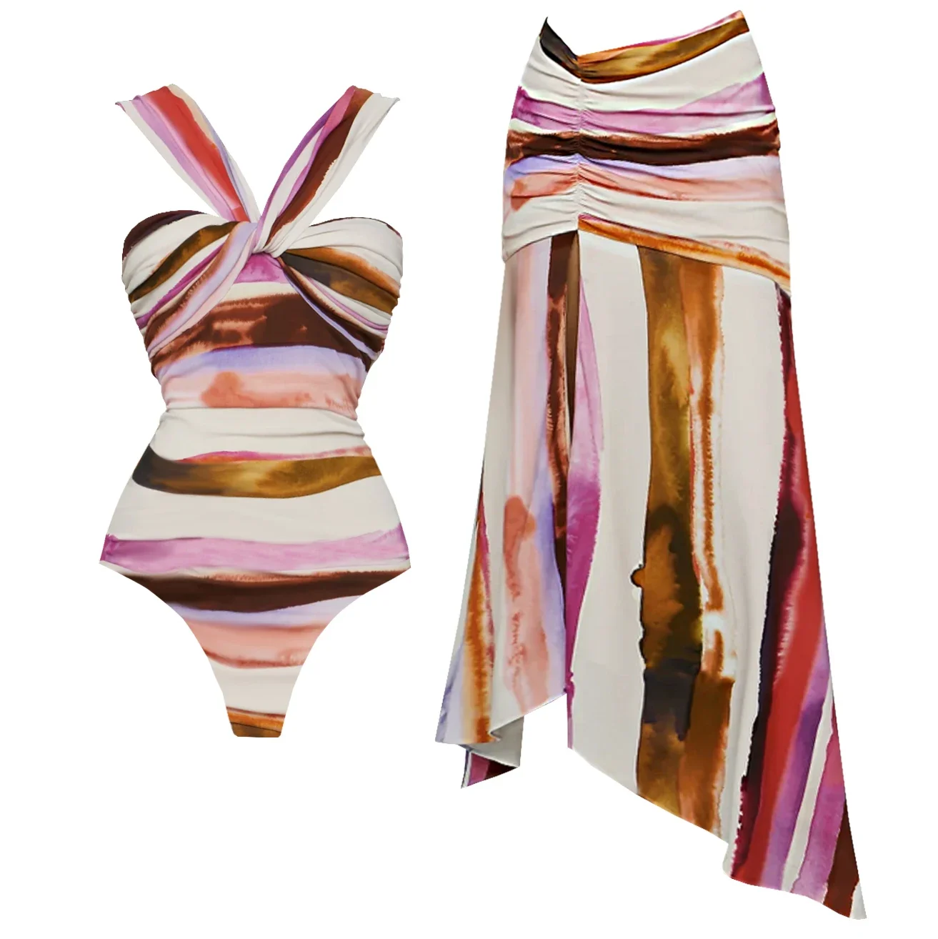 

2Pcs Striped Swimsuit With Long Skirt Sexy Women Bikini Push Up Swimwear Halter Biquini Female Bathing Suit Slimming Beachwear