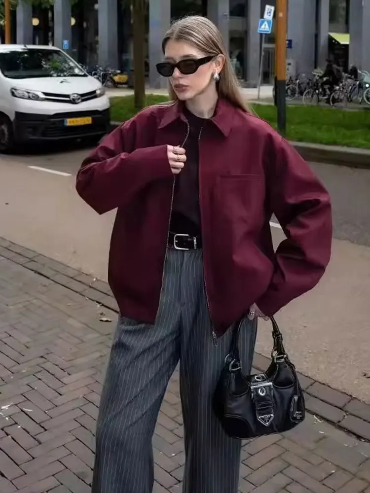 

HH женская винтажная однотонная куртка-бомбер с длинным рукавом и отложным воротником на молнии, осенняя женская куртка 2025 года, модные уличные топы