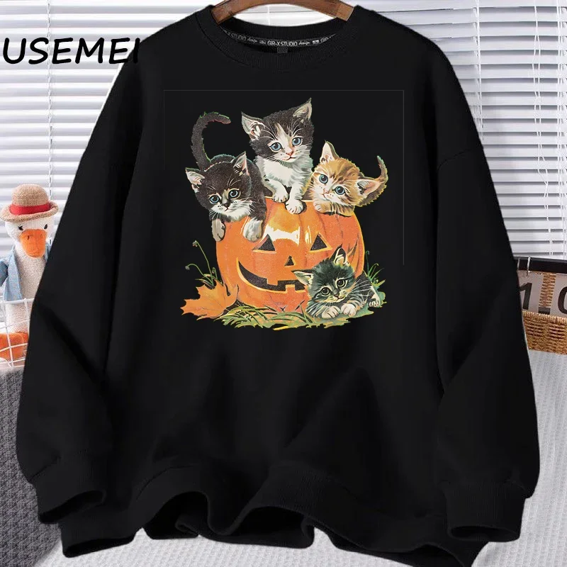 

Vintage Cat Pumkin Halloween Sweatshirt Cats Retro Halloween Party Crewneck Fall Sweatshirts Women Long Sleeve Trendy Hoodie