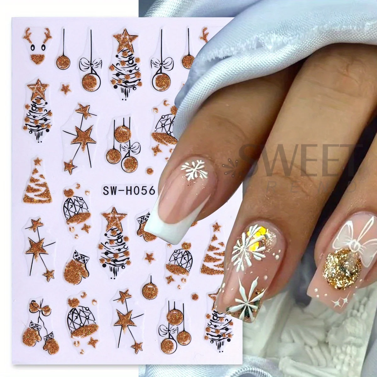 2개입 화려한 반짝이는 크리스마스 네일 아트 스티커 홀로그램 골드 글리터 크리스마스 트리 엘크 시계 디자인 새해 매니큐어 데칼