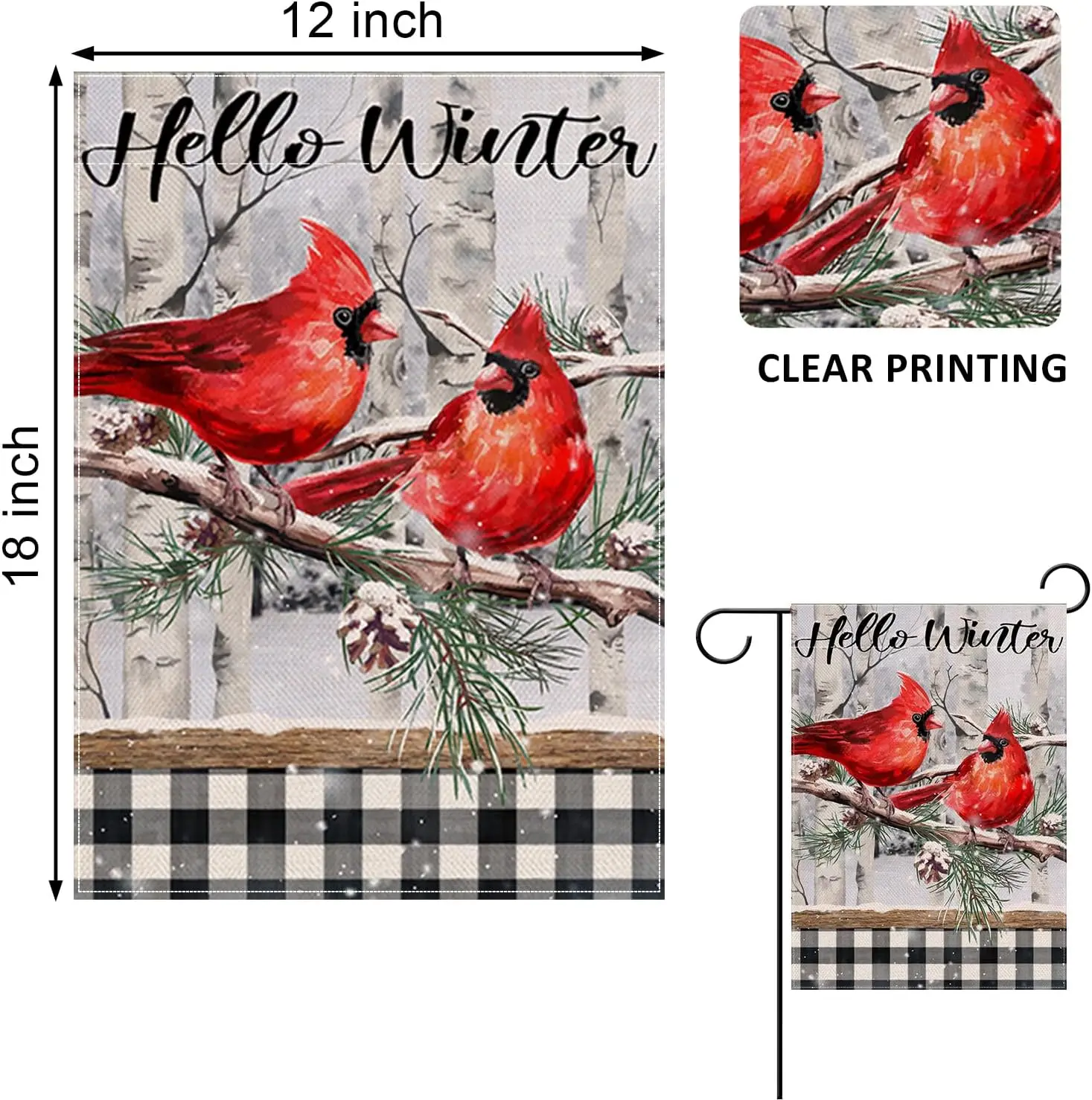 Home Decorative Hello Winter Cardinal Garden Flag Black White Buffalo Plaid Check House Yard Red Bird Tree Branch Snow Pinecone 