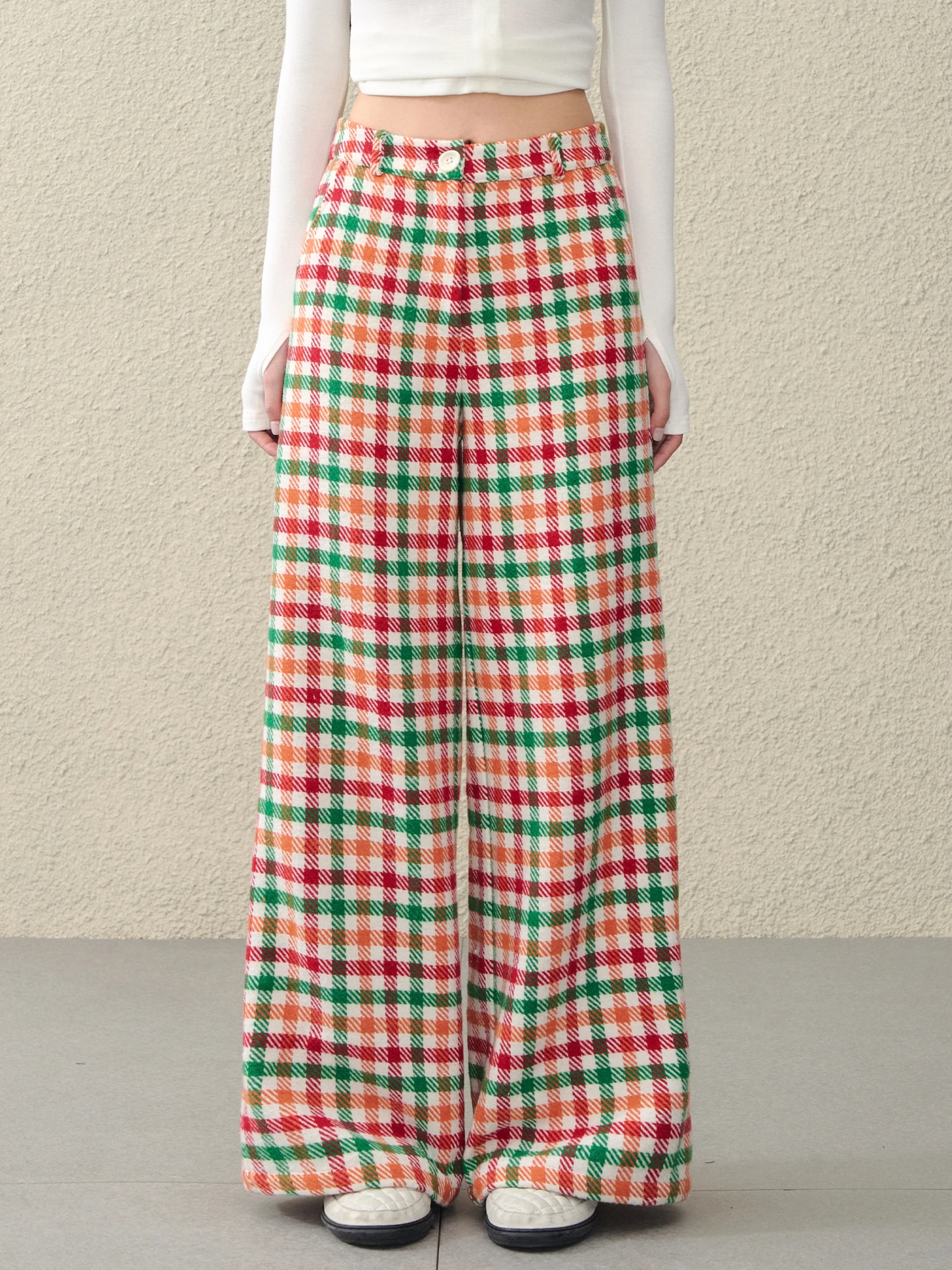 

OIOI E Retro Plaid Wide Leg Pants Women Early Spring New High Waist Hip Concealing Slim Straight Long Trousers