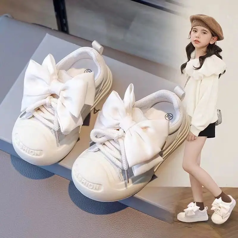 Fashion Baby Girls Canvas Shoes Princess Children Anti-slip Anti-kick Bow Sports Shoes School Student Sneakers White Shoes 1-12Y