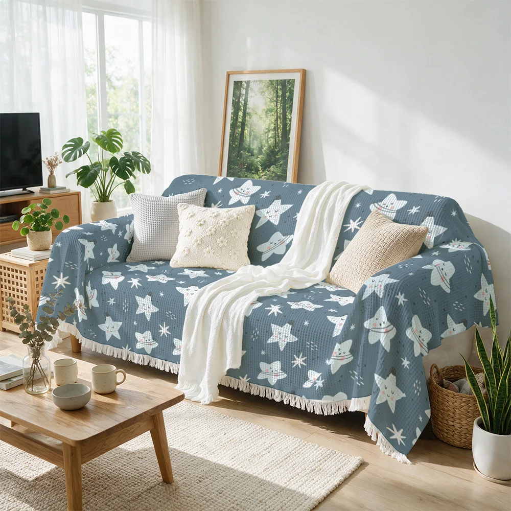 Decorative Blue Star Pattern Throw Blanket Sofa Cover for Living Room Couch Home Decor Cozy Throw Gift Plaid Knit