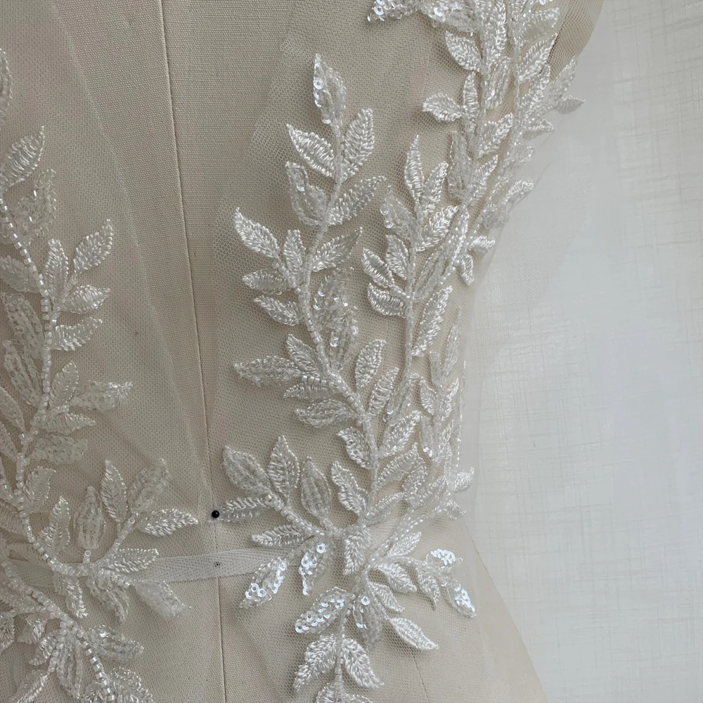 46 * 12,5CM Hochwertige Perlen-Pailletten-Blätter Bestickte Spitze Große Spiegelblumen-Applikation Patch DIY Hochzeitsaccessoires zum Nähen – Detail 8