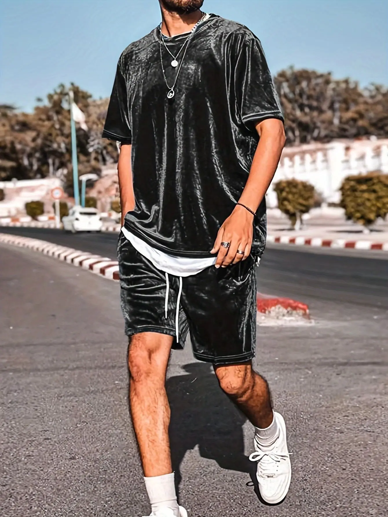 

American European New Fashion Men's Casual Trendy Solid Color 2 Piece Sets O-neck Short Sleeve T-shirts Knee Length Shorts Male