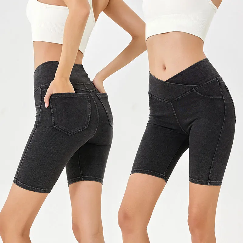 New Cross High Waisted Denim Shorts for Women High Stretch and Slimming Sporty Outerwear Pocket Fitness Five Point Cycling Pant
