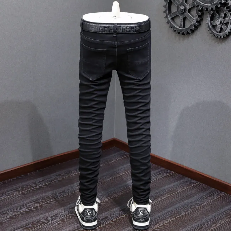 Designer Fashion Men's Jeans with Hole Patching Elastic Slimming Black Jeans High Street Hip Hop Brand Pants Y2K