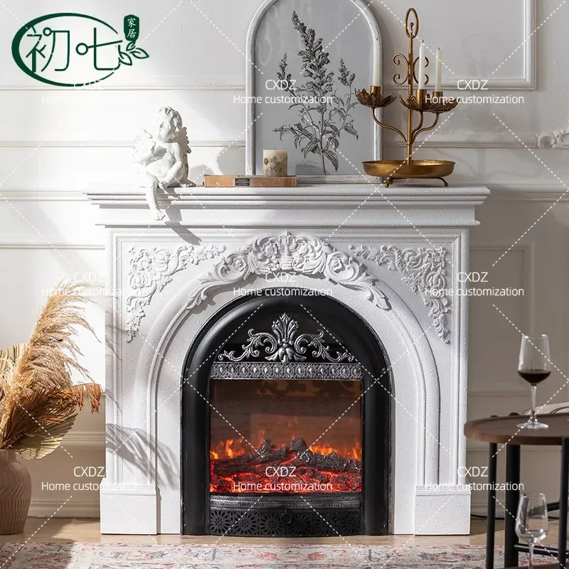 American retro black engraved simulated fire mantel villa entry atmosphere decorative cabinet light luxury Italian fireplace