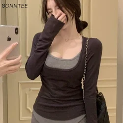 Chic Fake Two Piece Long Sleeve T-shirts Women Fashion Low Cut Sexy Hot Young Popular All-match Female Slim Tops Leisure Ins New