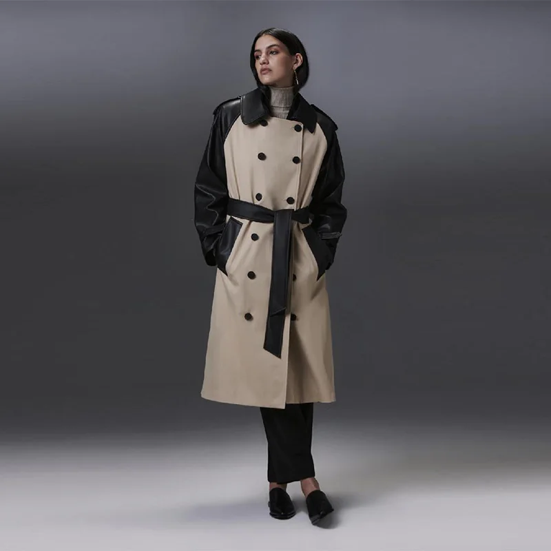Trench coat feminino retalhos couro do plutônio lapela gola solta cintura longo blusão 2025 outono streetwear feminino outwear