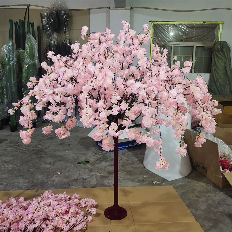 Decorative artificial pink cherry blossom fiberglass tree
