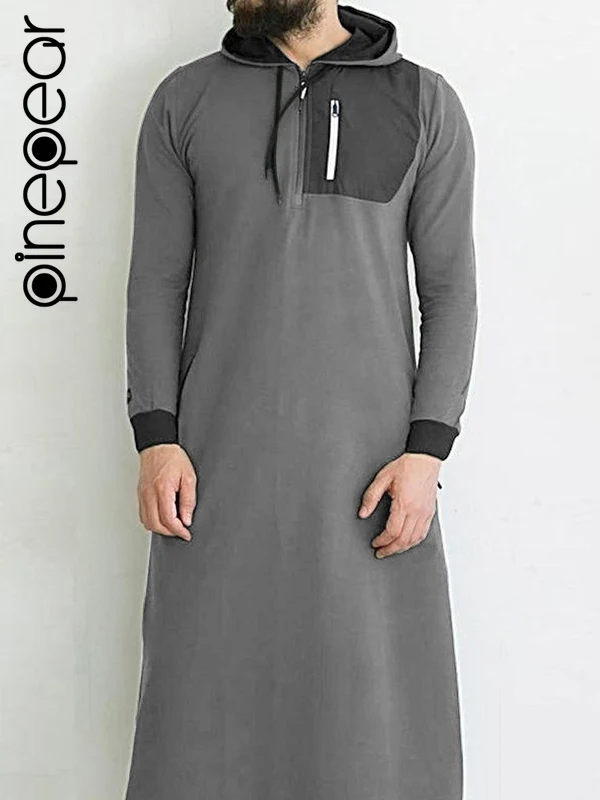 PinePear Arab Men Hooded Robe Ramadan Eid Muslim Dress Jubba Thobe Islamic Kaftan Dubai Abaya Turkish Clothes Middle East Ethnic