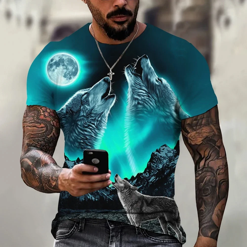 

In 2025, Men's Wolf T-shirt with Animal Prints, High Sleeves, Short 3D Casual Street Wear, Oversized T-shirt Men's Retro Style