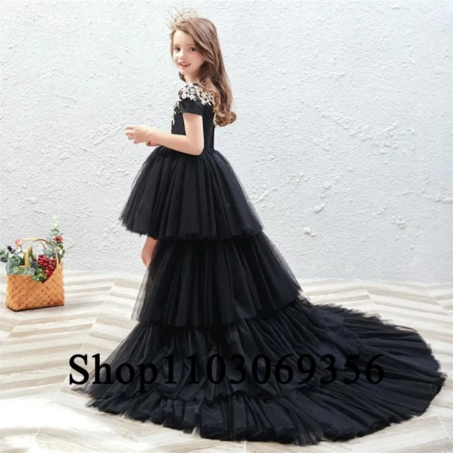 Vestido de fiesta de primera comunión, vestido de encaje negro para niña de flores, exquisita línea A, cuello redondo, escalonado, Princesa, boda, cumpleaños