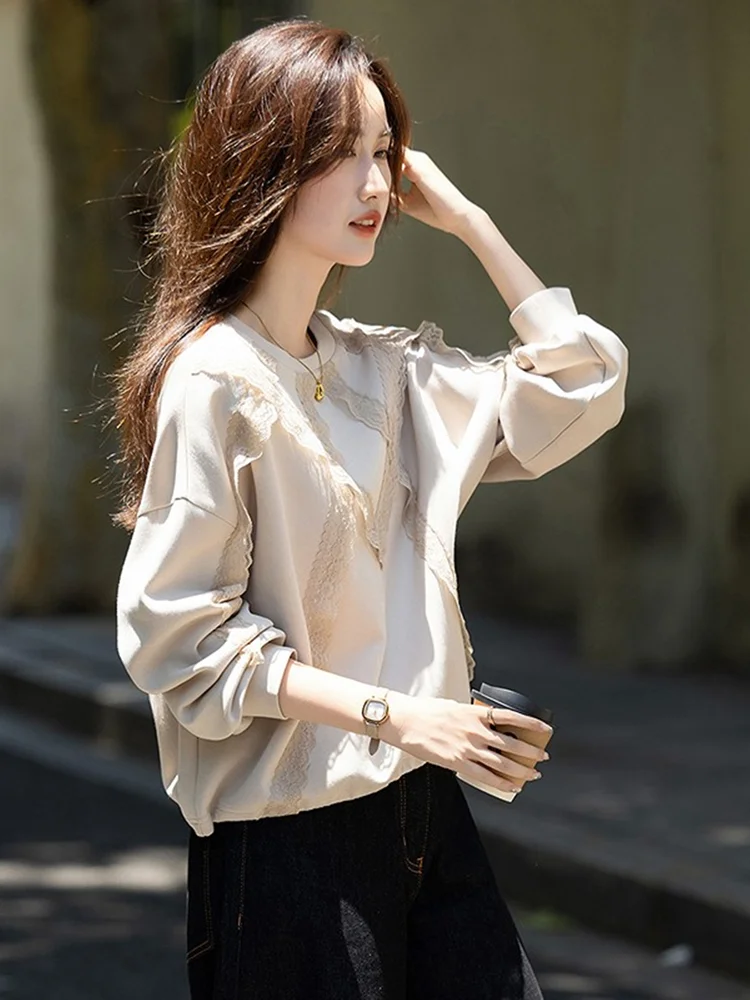 

Oule Sweet Lace Sweatshirt Women's Autumn New Elegant round Neck Comfortable Loose Casual Top Loose Fit Ladies Sweatshirt