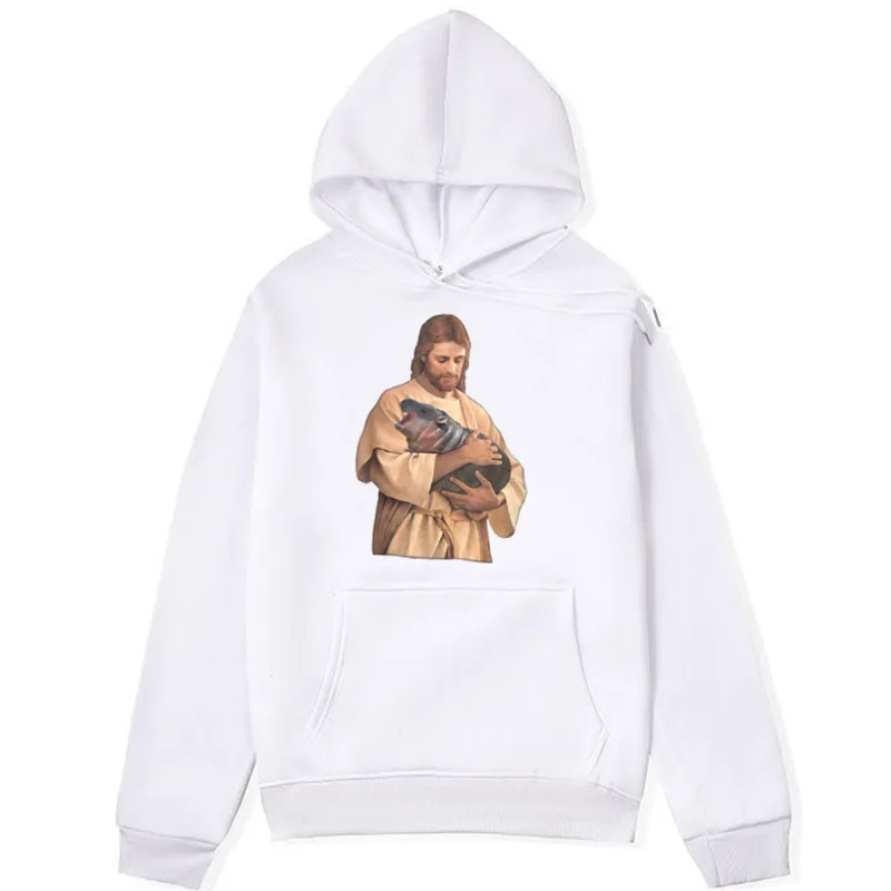 Jesus Moo Deng Hoodie Jesus Loves Moo Deng Bouncy Cute Baby Hippo Meme Sweatshirt Men Women Oversized Streetwear Fleece Pullover