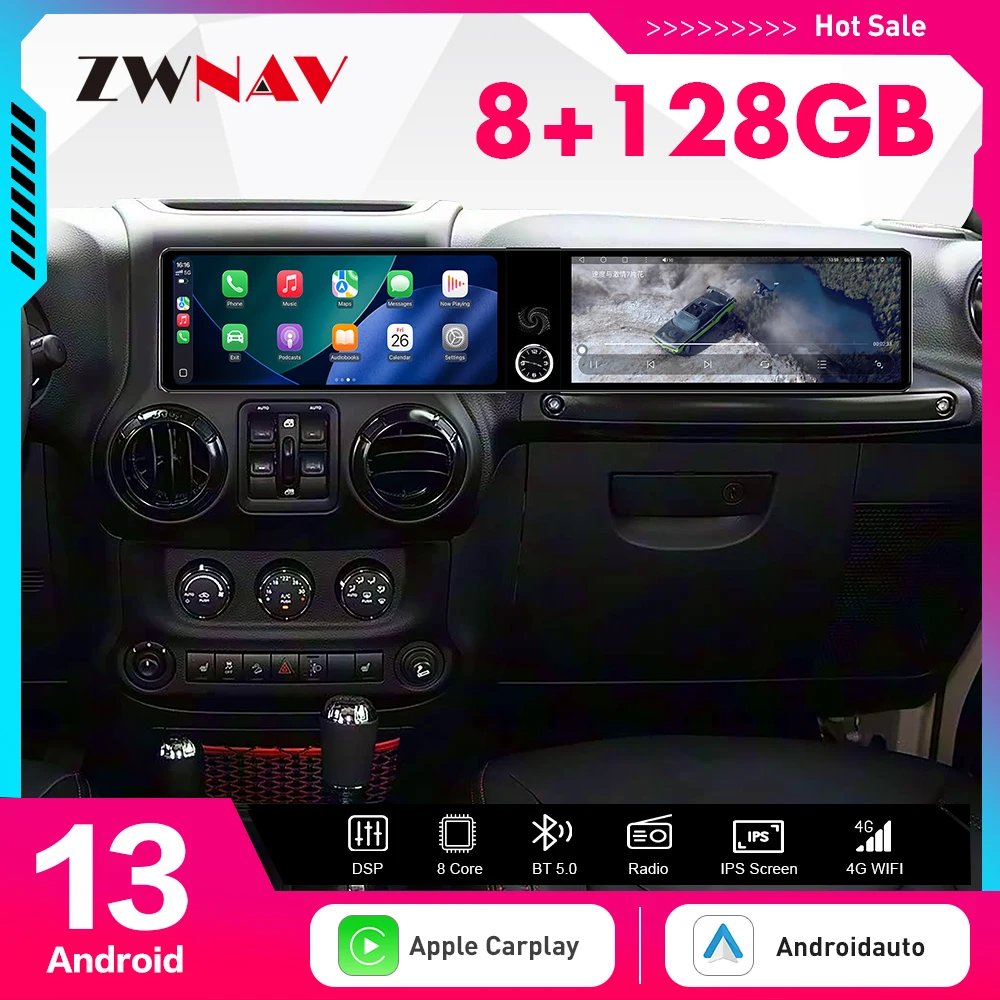 

12.3''Dual Screen Carplay Car GPS Navigation For Jeep Wrangler 2017-2023 Multimedia Player Car Radio Head Unit Auto