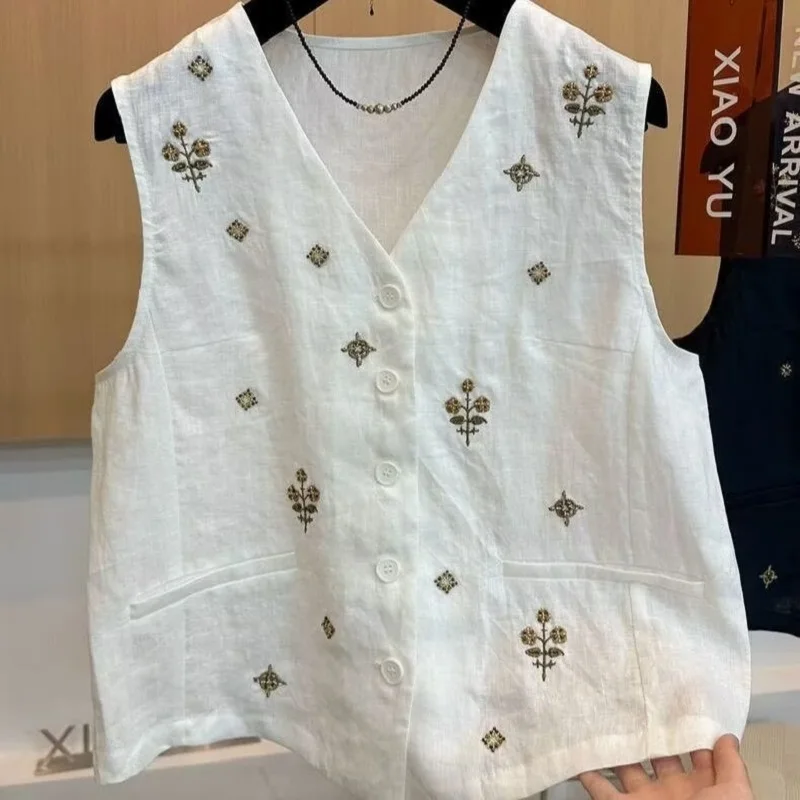 Womens Embroidery Vest Cotton Linen  Waistcoat Summer