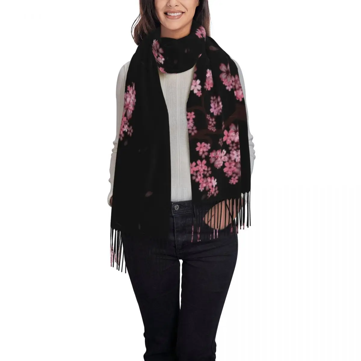 Japoński szal z kwiatami wiśni sakura, szaliki z frędzlami, miękkie i ciepłe szale i chusty damskie, duży szal na jesień i zimę.